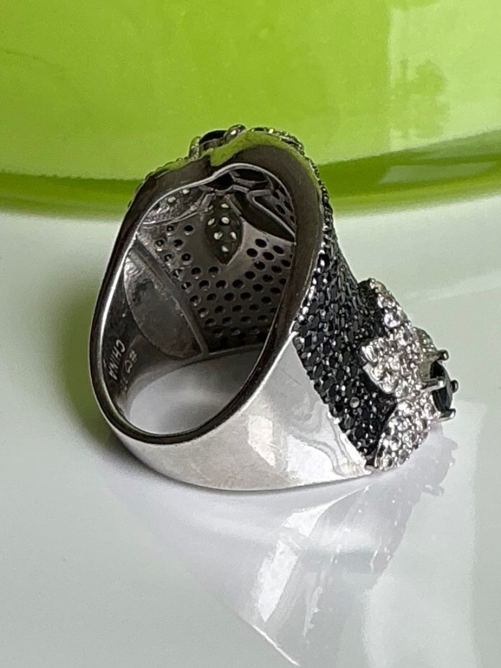 Micro Pave Black Spinel & White CZ Flower Sterling Silver Domed Ring Size 5.75 - Picture 14 of 16